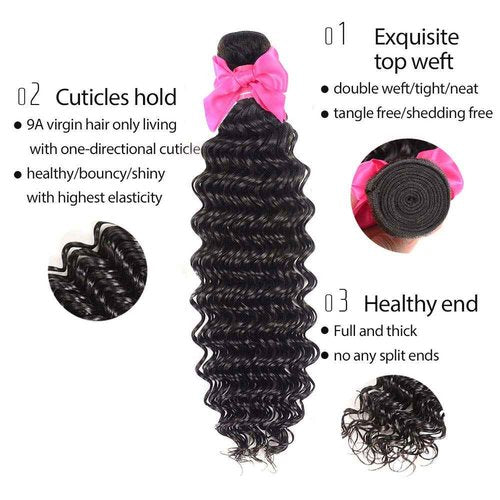 Aatifa Lace Rosa 9A Brazilian Virgin Hair Deep Wave 3 Bundles with Free Part Closure, lace closure 100% Unprocessed Natural Color Can Be Dyed and Bleached, (16/18/20+14 Inch)