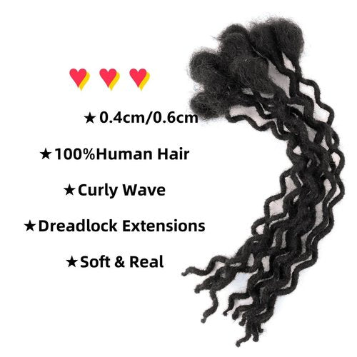 8 Inch 30 Strands Curly Wave Loc Extensions Human Hair, 0.6cm Dreadlock Extensions Human Hair for Women Men Kids Full Handmade Permanent Dreads Locs Natural Black