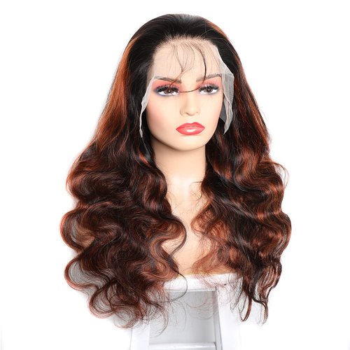 BELE Highlight 1B/350 Transparent HD 13x4 Lace Front Wig Human Hair Reddish Brown Ombre Brazilian Virgin Body Wave 180% Density Lace Front Glueless Wig Pre Plucked with Baby Hair 20inch for Women