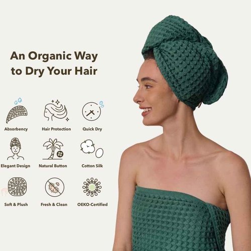 KOSMU Hair Towel | 100% Cotton Silk Hair-Drying Waffle Wrap Turban for Women, Ultra-Absorbent, Anti Frizz, Hair Damage Protection for Straight and Curly Hair (Forest Green, 2 Pack)