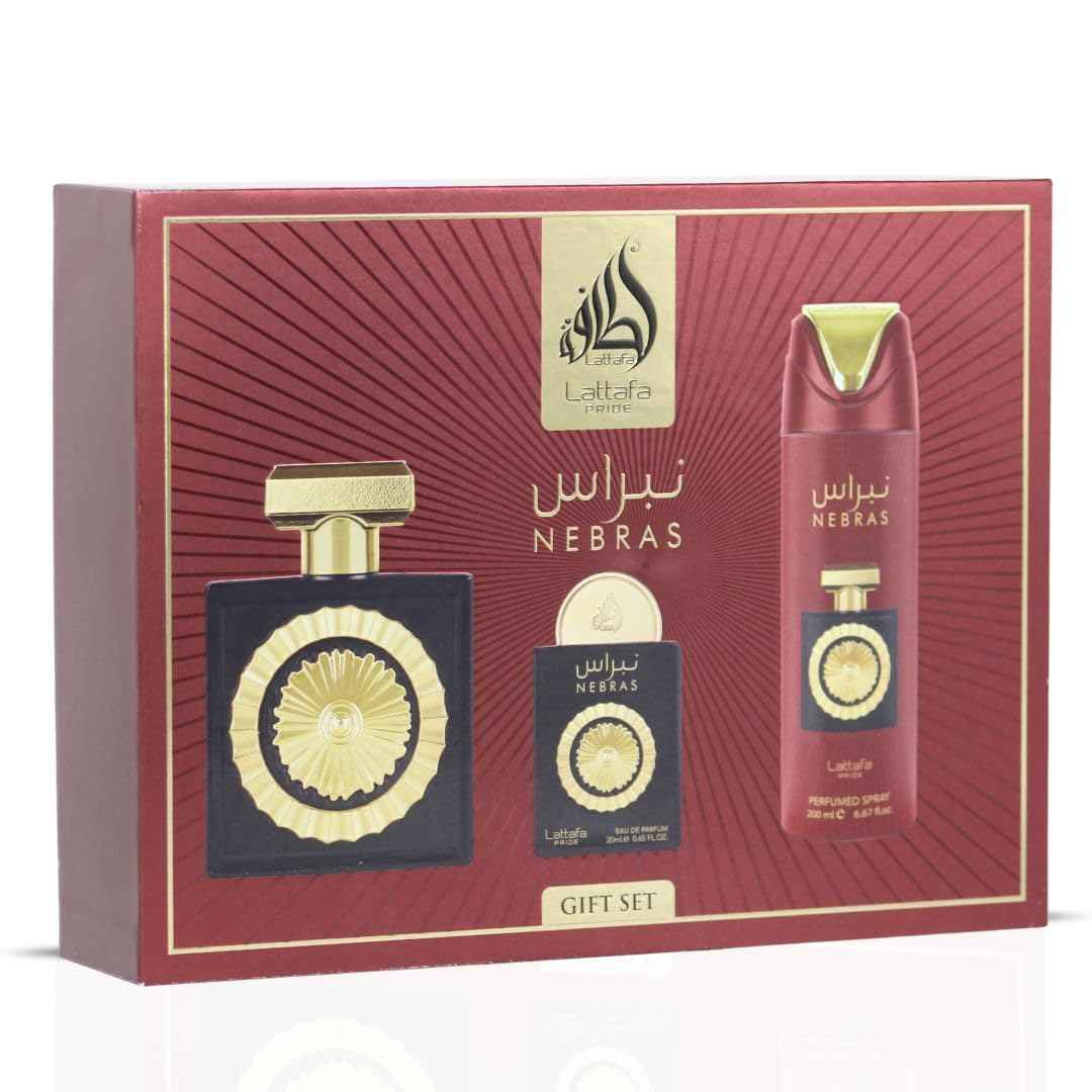 Lattafa Pride Nebras 3-Piece Luxury Perfume Gift Set for Women & Men - Gourmand Berry & Chocolate | Juicy Raspberry, Dark Cocoa & Vanilla |Long-Lasting Indulgent Scents (Gift Set)