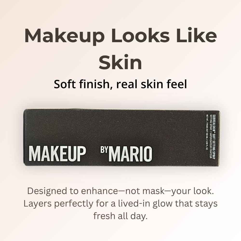 MAKEUP BY MARIO SurrealSkin 16HR Soft Setting Spray, Alcohol-Free, Hydrating Mist for Natural, Long-Lasting Makeup, with Hyaluronic Acid & Vitamin C, 3.38oz