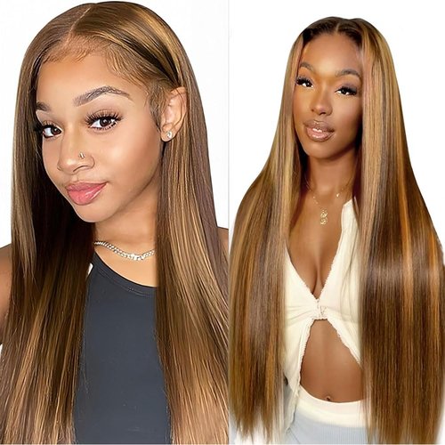 Mysyty Highlight Straight 13x4 HD Lace Front Wig 4/27 Straight Lace Frontal Wigs Human Hair Pre Plucked With Baby Hair Honey Blonde Ombre Wig For Women Glueless Wig Human Hair 24 Inch 180% Density