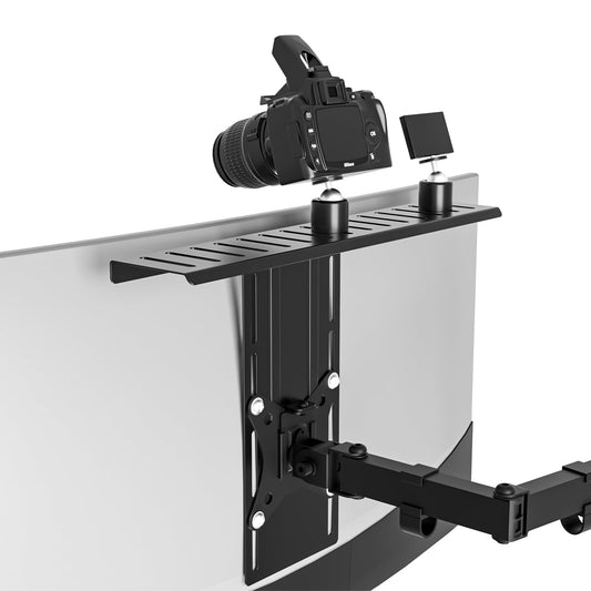 16 inch VESA Monitor Mount Shelf for Streaming - Holds Cameras, Webcams, Microphones & Lights, Height Adjustable, Fits 100×100 mm VESA Pattern, All-in-One Design (Black)