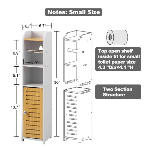 AOJEZOR Toilet Paper Holder Stand: Bathroom Storage Cabinet for Apartment Dwellers - Pure White/Natural Bamboo