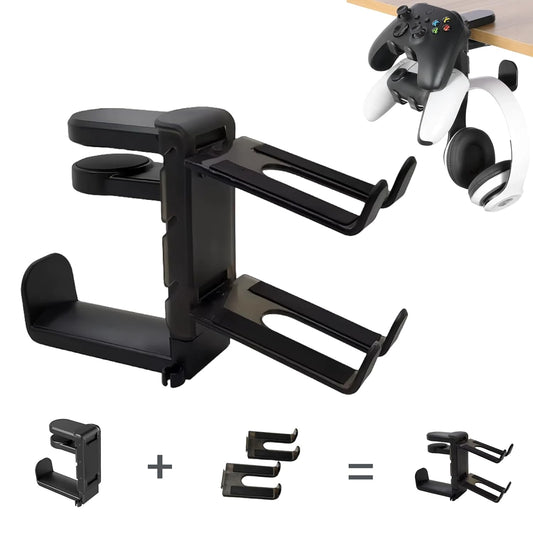 3 in 1 Headphone and Controller Holder, PC Gaming Headphone Hanger, Rotating Headset Stand Under Desk Adjustable Arm Clamp Holder Desk Accessories for Universal Headsets, Controllers (Black)