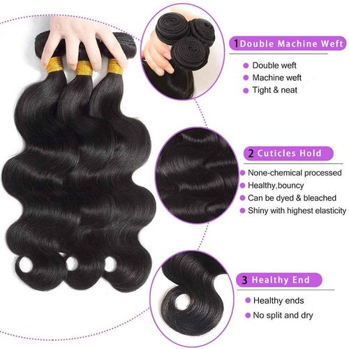 Body Wave Bundles Human Hair 14 16 18 Inch, 12A Brazilian Virgin Body Wave Human Hair Bundles, 100% Unprocessed Natural Color Weave Full and Thick Hair Extensions