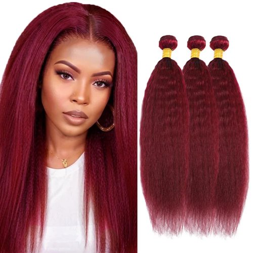 99J Yaki Human Hair Bundles Burgundy Kinky Straight 24 26 28 Inch WuvuSnm Red Double Weft 3 Bundles