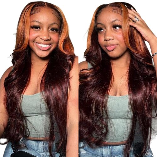 Rina Ginger Skunk Stripe Wig Human Hair Reddish Brown With Ginger Orange Body Wave 13x4 HD Lace Front Wigs 180% Density Autumn Brown with Highlight Ginger Colored Human Hair Wig 20 Inch