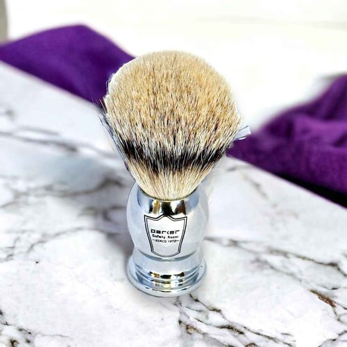 Parker 100% SILVERTIP Badger Shaving Brush – Chrome Handle & Stand – Premium 3-Band Badger Bristles for Smooth, Luxurious Lather