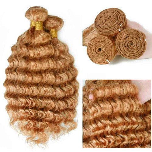 Blonde Bundles Human Hair Deep Wave Bundles 34 34 34 Inch Unprocessed Brazilian Virgin Remy Hair 3 Bundle #27 Honey Blonde Deep Wave Human Hair Extensions For Women 50 Gram Per Bundle