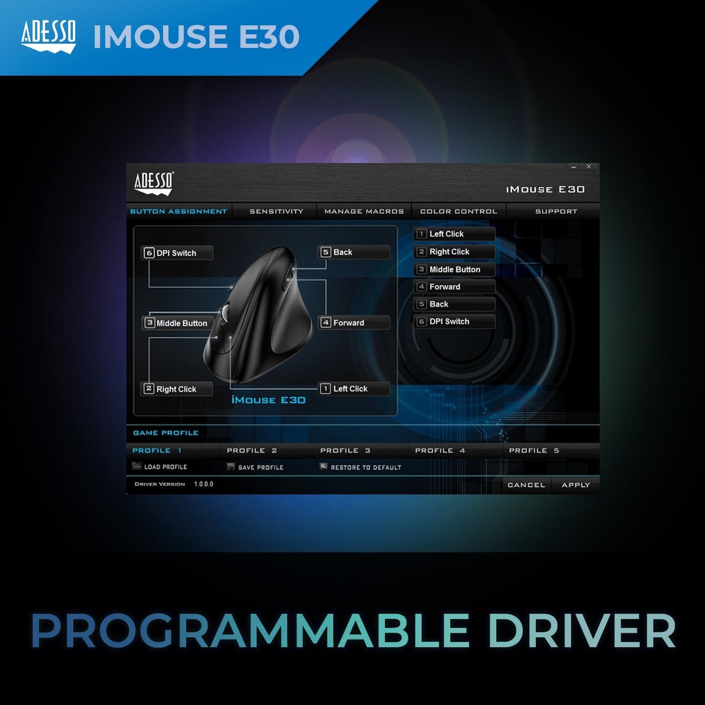 Adesso iMouse E30 2.4GHz Wireless Ergonomic Vertical Mouse Adjustable DPI Programmable Driver Optical Sensor Right Handed