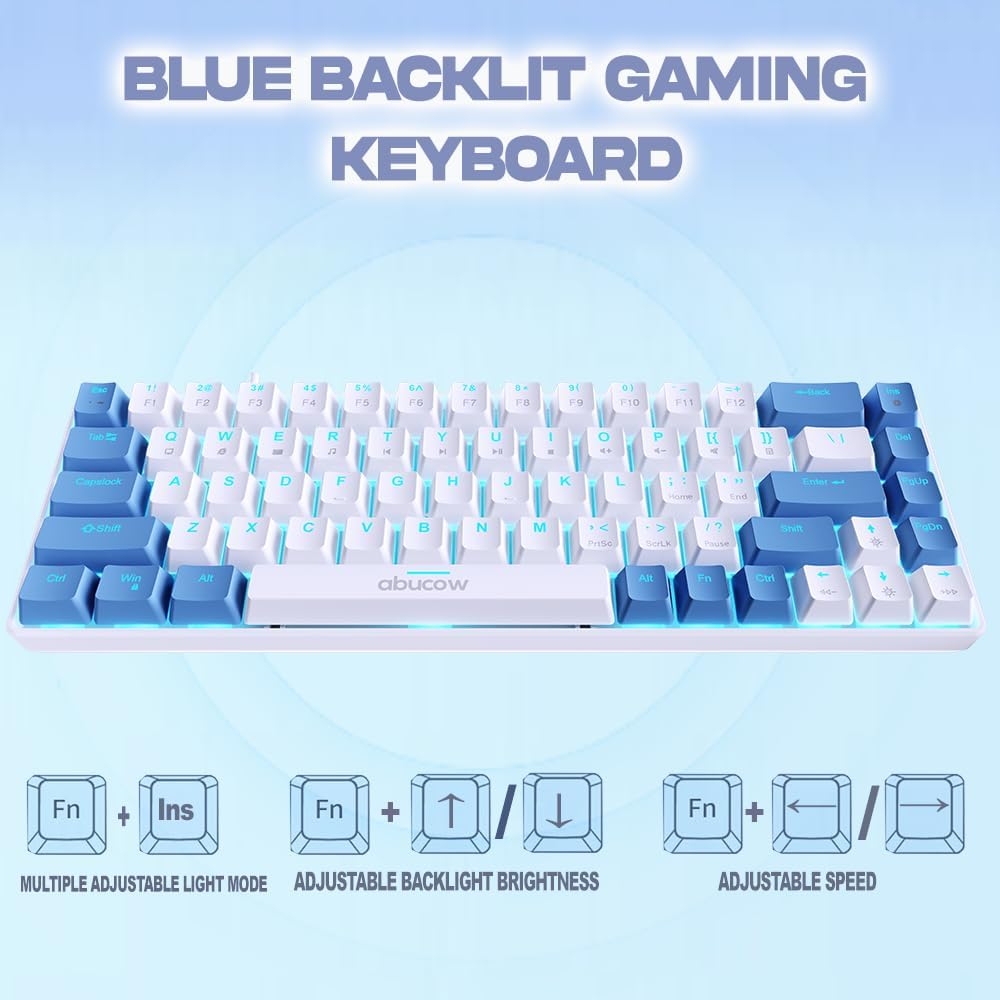abucow 60% Mechanical Keyboard with Blue Backlight 68-Key Gaming Keyboard Gray-Black Keycaps - Red Switches for a Premium Typing and Gaming Experience PC Mac (Gray-Black)