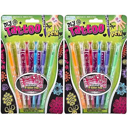 ArtCreativity Shimmery Temporary Tattoo Pens for Kids, 4 Pack, Each Pack with 6 Tattoo Markers & 3 Stencil Stickers, Washable Tattoo Body Ink, Sparkle Girls Fashion Activity, Sparkly Tats Body Art Set