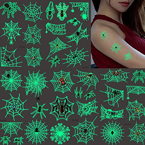 73PCS Luminous Halloween Spider Web Temporary Tattoos for Kids, Costume Makeup Glow in the Dark Fake Tattoo Stickers, Face Cosplay Holiday Party Favors Gifts for Adults Classroom School Prizes Reward