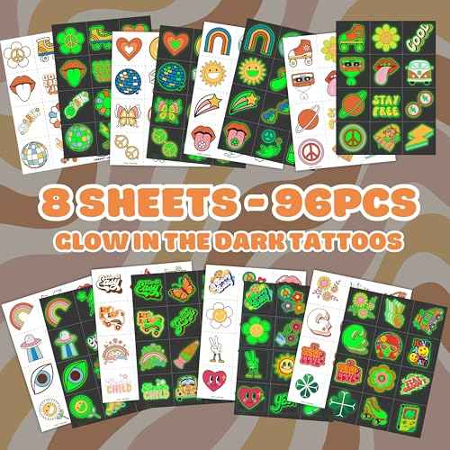 96PCS Groovy 70s Pre-Cut Temporary Tattoos - Retro Flower Power, Good Vibes Party Decorations & Favors | Cute Tattoos Stickers Gift for Kids, Boys & Girls, Prize Supplies