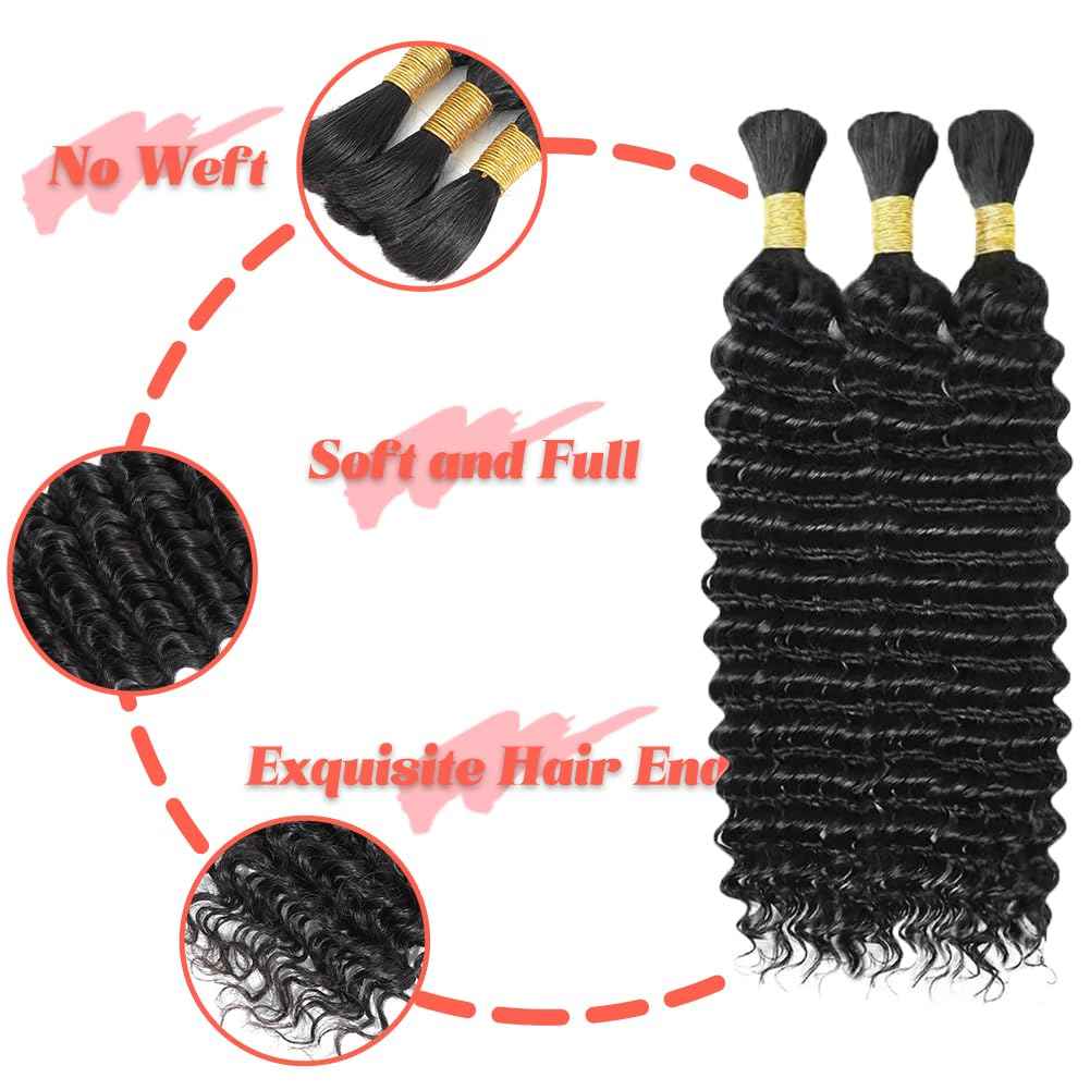 Human Braiding Hair for Boho Braids 150g Boho Braiding Hair Curly 3 Bundles 24 Inch Deep Wave Bulk Human Hair for Boho Knotless Braids Natural Color