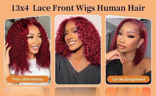 DJFG Deep Wave Lace Front Wigs Human Hair Curly Wig Human Hair HD Frontal 200 Density 13x6 Lace 99j Burgundy Red 14 Inch