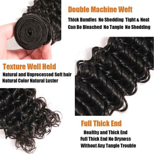 Deep Wave Human Hair Bundles- 20/22/24 Inch Curly Deep Wave Bundles Unprocessed Brazilian Virgin Wet and Wavy Bundles human hair 12A Hair Extensions Real Human Hair for Woman Natural Color Full, Soft