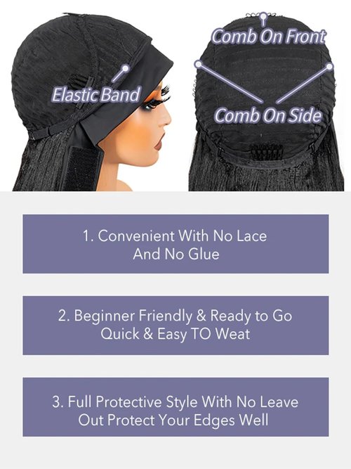 ORIGINAL QUEEN Kinky Straight Half Wig with Headband Human Hair No Lace Headband Wig Wear and Go Glueless Wigs Human Hair for Black Women 18Inch