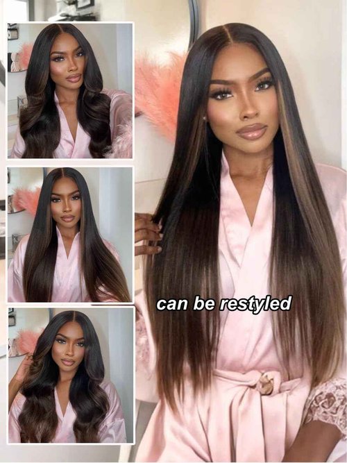 UNICE Yaki Straight 13x4 Lace Front Wigs Human Hair with Drawstring Pre Everything Glueless Frontal Human Hair Wig Pre Plucked Pre Cut Bleached Knots Chestnut Brown ombre Color 150% Density 10 inch