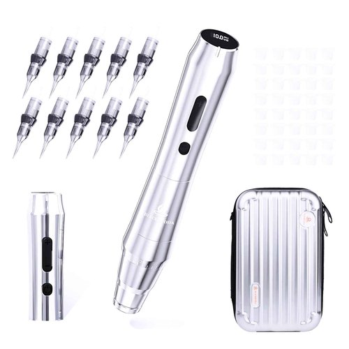 Blackbudda PMU Machine with Display Screen, Rotary Permanent Makeup Machine kit Equipped 10pcs Needles Cartridge, Ink Cups & Spare Battey (Silver)