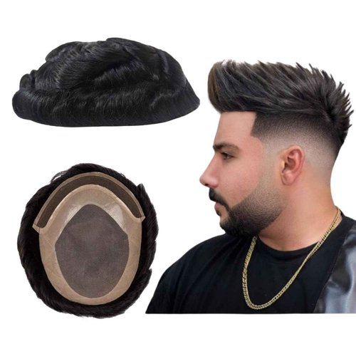 Toupee for Men Human Hair Mens Toupee Mono Base with Lace Front Hair Units Curly Wave Mens Wigs Toupee Hair Real Human Replacement System for Man Freestyle Natural Wig #1B Off Black (6x8")