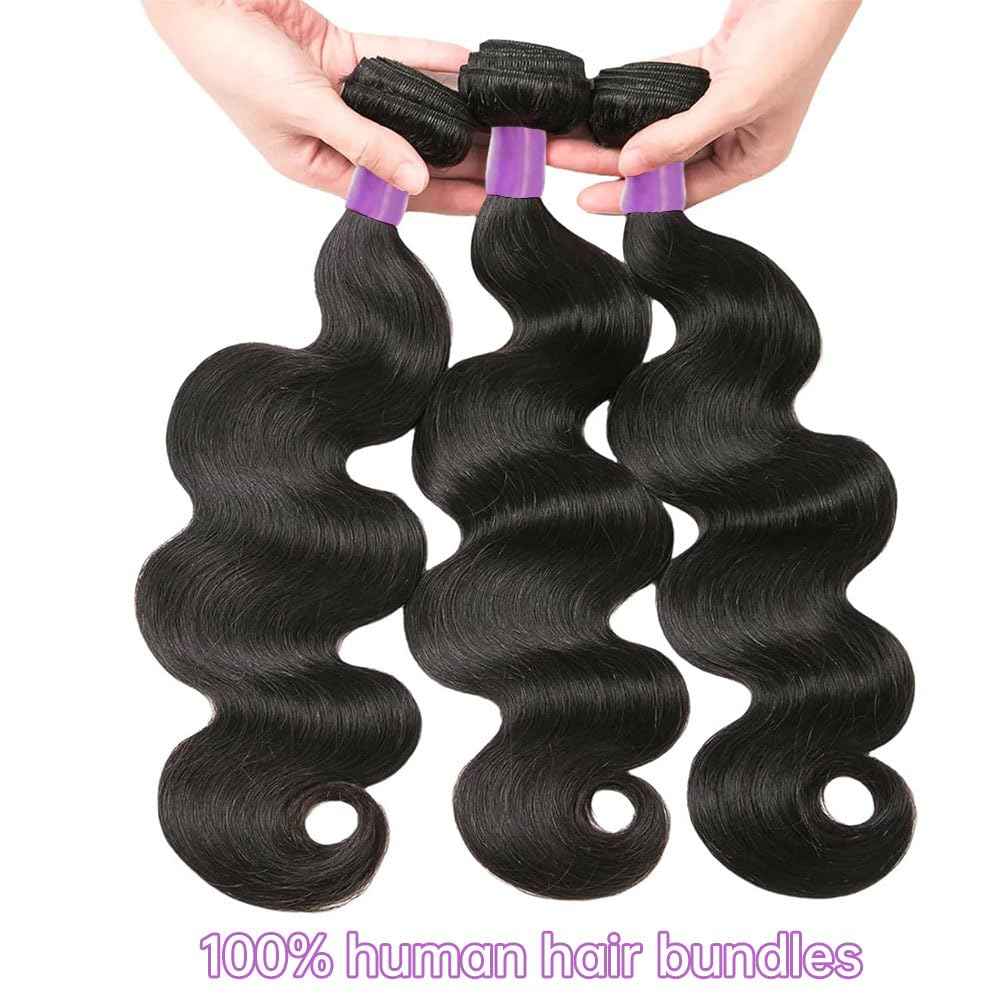 12A Body Wave Bundles Human Hair 10 12 14 Inch Human Hair Bundles 100% Unprocessed Brazilian Virgin Hair 3 Bundles Human Hair Extensions for Women Natural Black