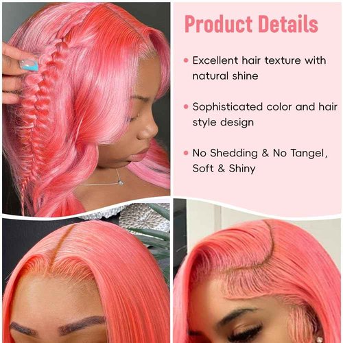Pink Lace Front Wig Human Hair 200 Density Body Wave 13x4 HD Lace Front Wigs Human Hair Colored Pink Wig Human Hair Pre Plucked with Natural Hairline Anti-Shedding Freestyle Part for Parties 22 Inch