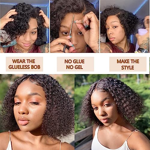 BLY 6x4 HD Lace Glueless Bob Wig Human Hair Ready to Wear and Go Short Bob Lace Pre Cut Wig Afro Kinky Curly 4C Hair 16 Inch for Women Pre Plucked Natural Black Color