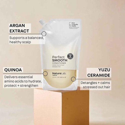 NatureLab.TOKYO Perfect Smooth Shampoo & Conditioner Duo: Lightweight Moisturizing Conditioner for Smoother Frizz-Free Hair - Bottle 11.5oz + Refill Pouch 22.9oz
