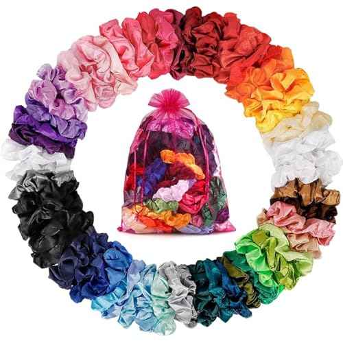 Satin Scrunchies for Women & Girls - 60 Pack Silk Scrunchies for Curly Hair