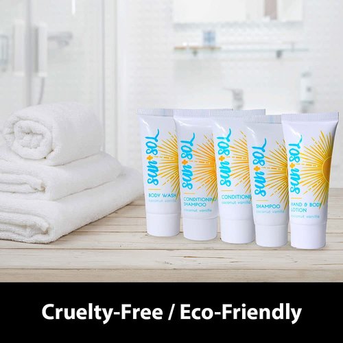 World Amenities - Sun + Sol Bulk Cleansing 2 in 1 Shampoo & Conditioner With Warm Coconut & Vanilla Fragrances, Travel Size Toiletries, Mini Hotel Amenities, 0.7 oz, 300 Count