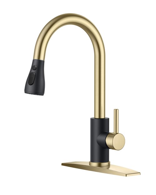 FORIOUS Kitchen Faucets with Pull Down Sprayer, High Arc Single Handle Classic Stainless Steel Sink Faucet 1 or 3 Hole, Suitable for Farmhouse Camper Laundry Rv Bar, Black Gold