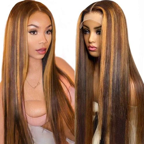 Flady Highlight Ombre Lace Front Wig Human Hair Pre Plucked Glueless HD Lace Frontal Wig 4/27 Straight Wigs Human Hair Ombre Brown Blonde Wig 150Density