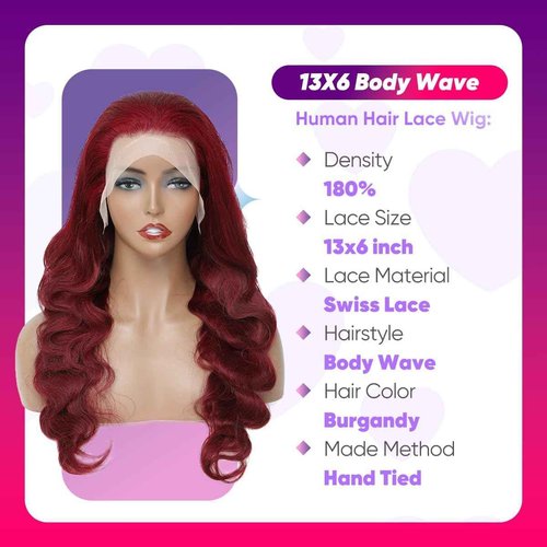 Burgundy Lace Front Wigs Human Hair 99j 13X6 hd Body Wave Lace Front Wigs Human Hair 180% Density Colored Red Frontal Wig for Black Women 24 Inch