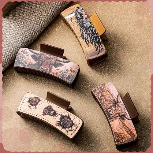 4 Pcs Christmas Western Leather Hair Claw Clips Bulk Cow Print Highland Cattle Hair Claw Clips Western Accessories Gifts for Women Country Cowgirl Stuff Xmas Accessories (Cow)