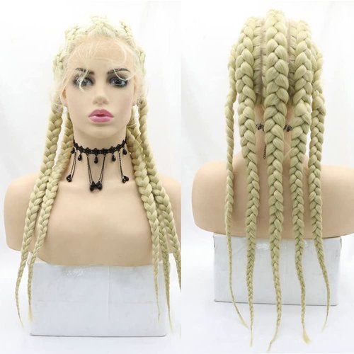Kalisa 613 Blonde Braid Wig Fully Handmade Blonde 5 Braids Wig Synthetic Blonde Lace Wig with Baby Hair Heat Resistant Fiber 5 Braided Daily Makeup Wigs for Women 24 Inch