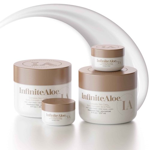 InfiniteAloe Complete Skin Care, Aloe Vera Powered Face and Body Cream for Dry Skin Relief, Fragrance Free - 2 Large Jar 8 oz & 2 Travel Jar 0.5 oz