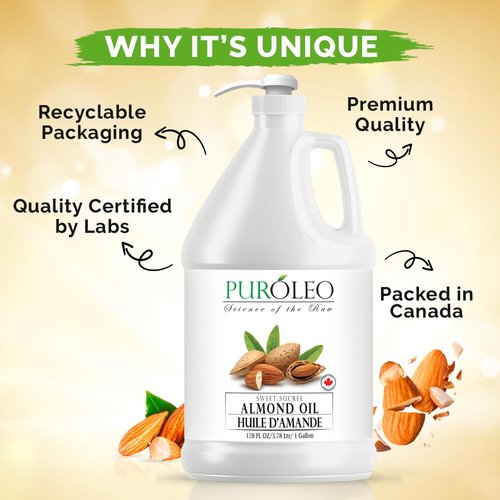 PUROLEO Sweet Almond Oil 128 Fl Oz/3784 ML (Packed In Canada) Pure Almond Oil for Skin, Hair, & Body | Organic Carrier Oil & Body Oils For Women