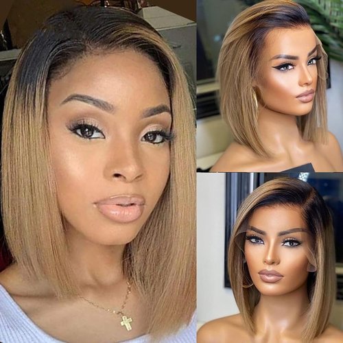 QTIKER Transparent Lace13x4 Lace Front Wig Pre-Plucked Hairline Bob Human Hair Wig (13X4 2T BOB, 14inch)