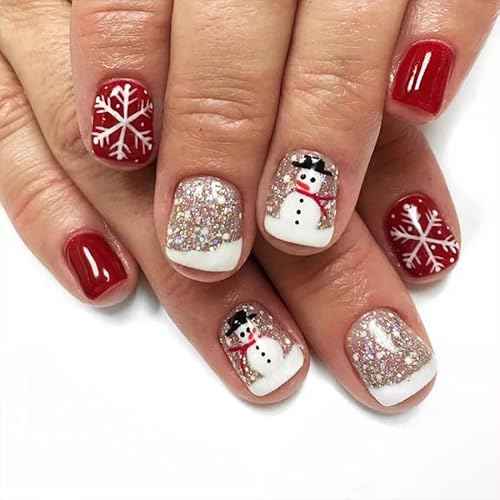 24Pcs Christmas Red Press on Nails Short Square Fake Nails with Silver Glitter Snowman Design Glossy Cute Christmas Nails Full Cover Stick on Nails Halloween Glue on Nails for Women Nail Art DIY