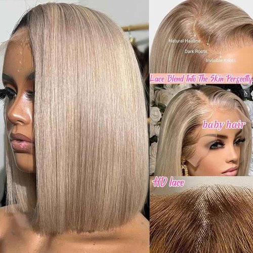 Smavida Ash Blonde HD Transparent Blunt Cut Ash Blonde Bob Wig Human Hair Pre Plucked 13x4 Blonde Lace Front Wigs with Baby Hair Hairline 100% Unprocessed Human Virgin Hair Glueless Bob Wigs