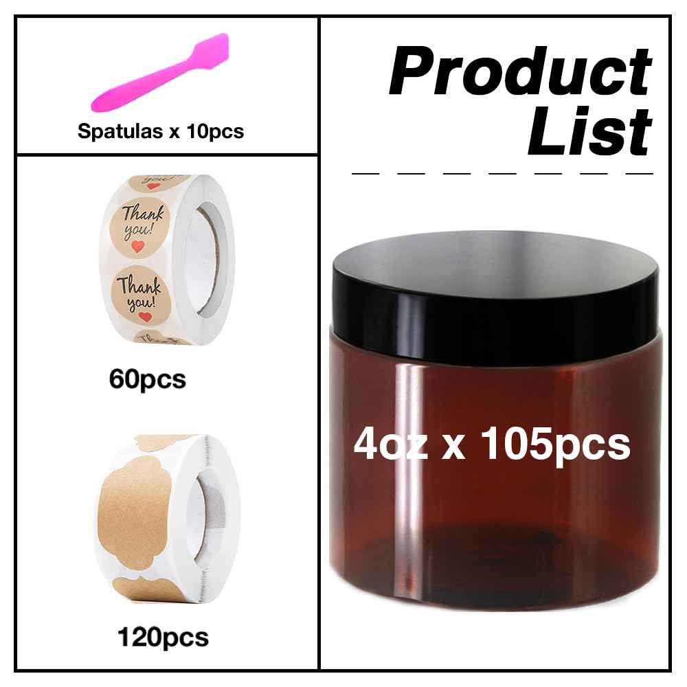 4 oz Plastic Containers with Lids 105pcs Amber Plastic Jars with Lids 4 Ounce Containers Travel Size Jars– Great for Lip Scrub, Body Butters, Cream, Slime, Craft Storage