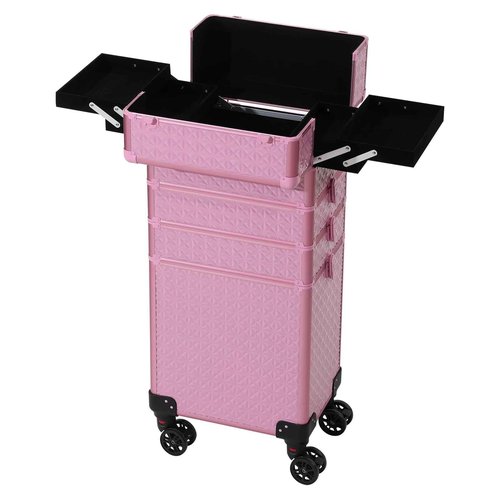 Rolling Train Case 4-in-1 Portable Makeup Train Case Professional Cosmetic Organizer Makeup Traveling case Trolley Cart Trunk (pink)