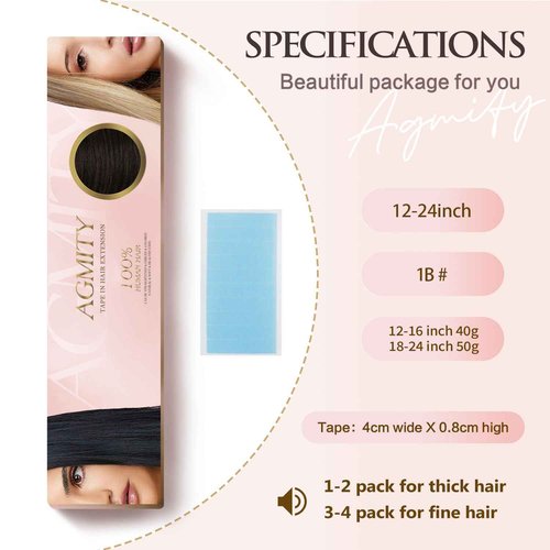AGMITY Tape in Hair Extensions Real Human Hair Natural Black 22 inches 20pcs 50g/pack Invisible Straight Seamless Skin Weft Hair Extensions Tape in Remy(22 inches #1B Off Black)