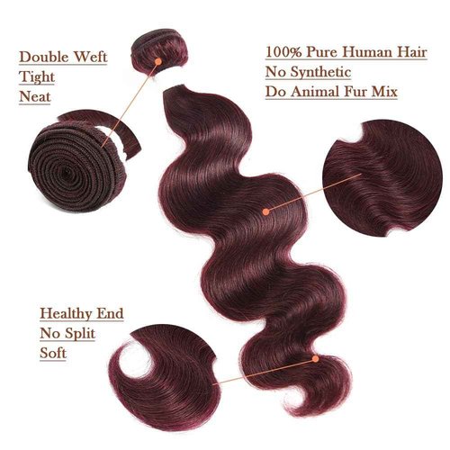 REMY HAIR Body Wave Bundles 99j Burgundy Human Hair Bundles Red Bundles 8A Grade Unprocessed Brazilian Virgin Hair Human Hair Bundles 12 14 16 Inch 3 Bundles Hair Extension For Black Women