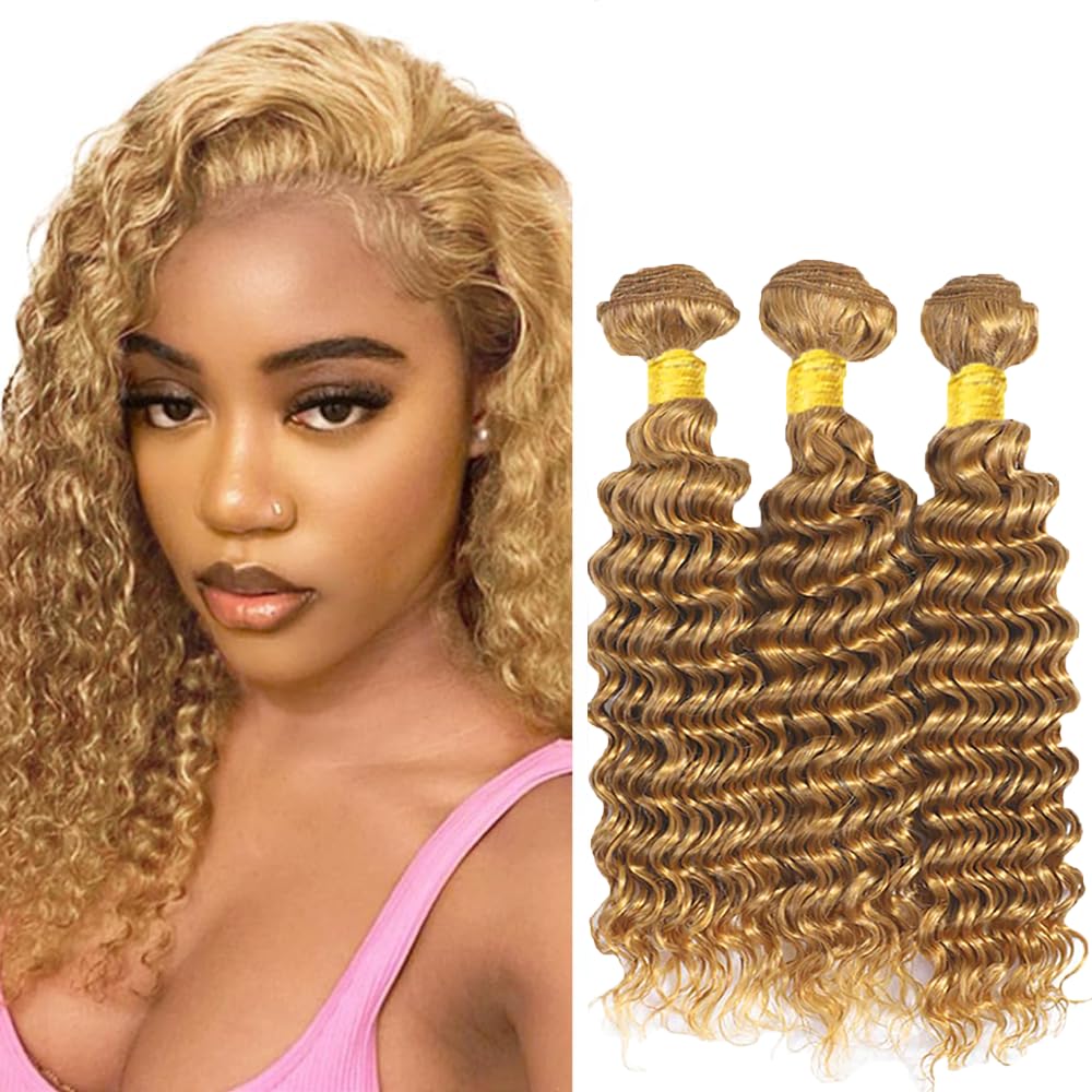 Honey Blonde Deep Wave Bundles Human Hair Unprocessed Brazilian Virgin Hair 16 18 20 Inch Color #27 Bundles Human Hair