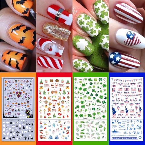 24 Sheets Seasonal Nail Art Stickers, Four Season Variety Pack All Holiday Nail Decals, Self-Adhesive Varied Design for Flowers Butterflies Halloween Christmas Spring Summer Fall Decoration