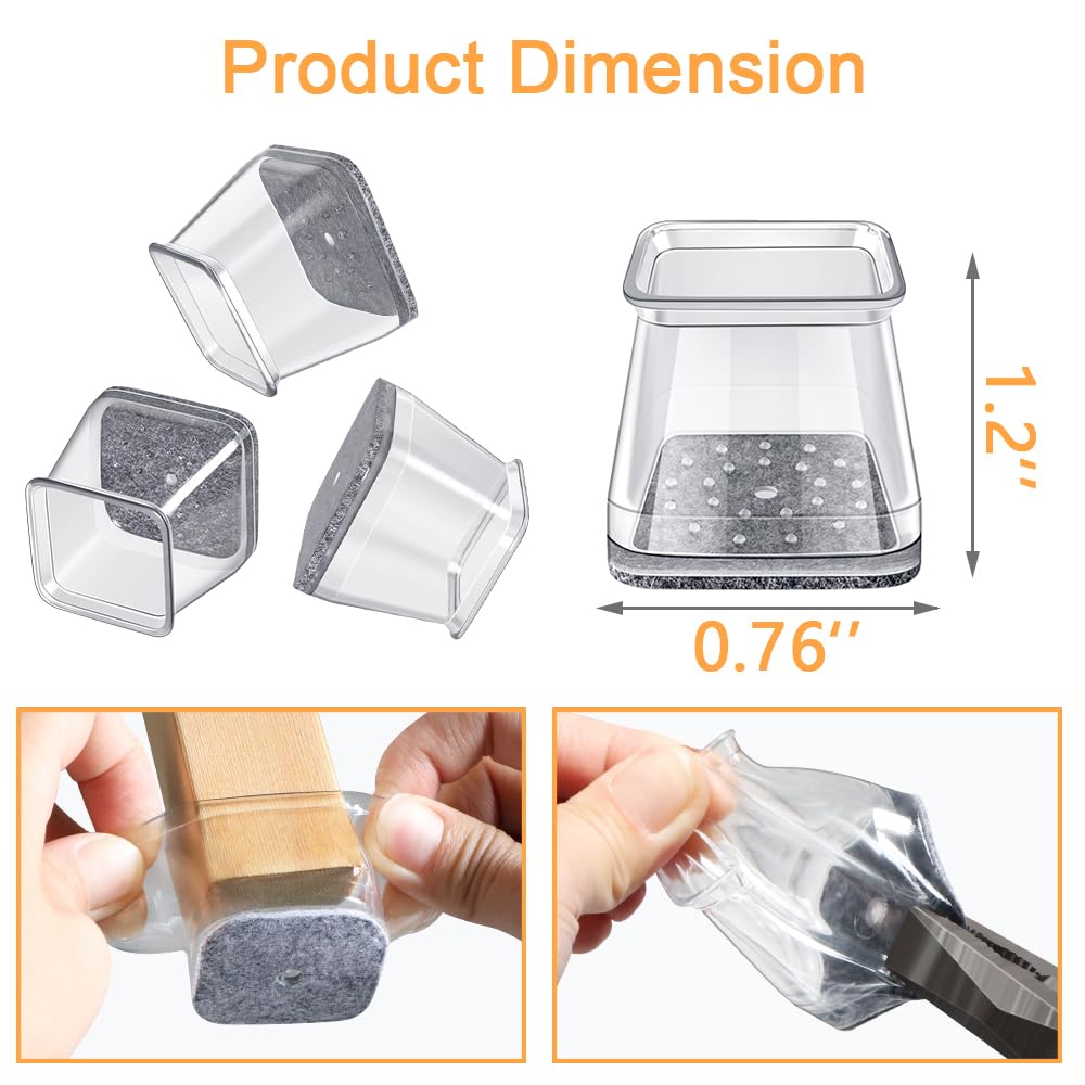 32 Pcs Square Chair Leg Protectors for Hardwood Floors,Felt Furniture Floor Protectors with Silicone Caps, Small Size (Fits Chair Legs with Side Length: 3/4" to 1")